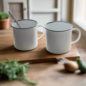 White Enamel Soup Mugs - Set of 2