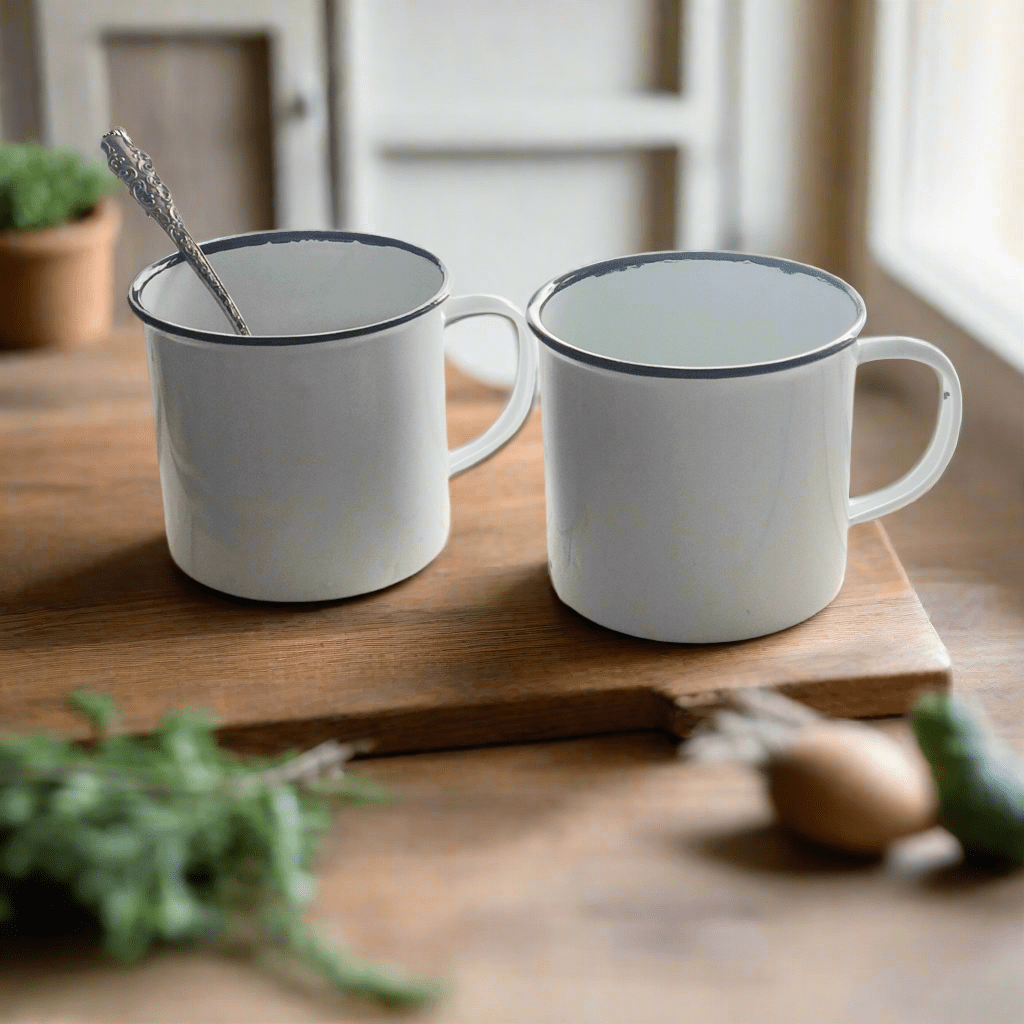 White Enamel Soup Mugs - Set of 2