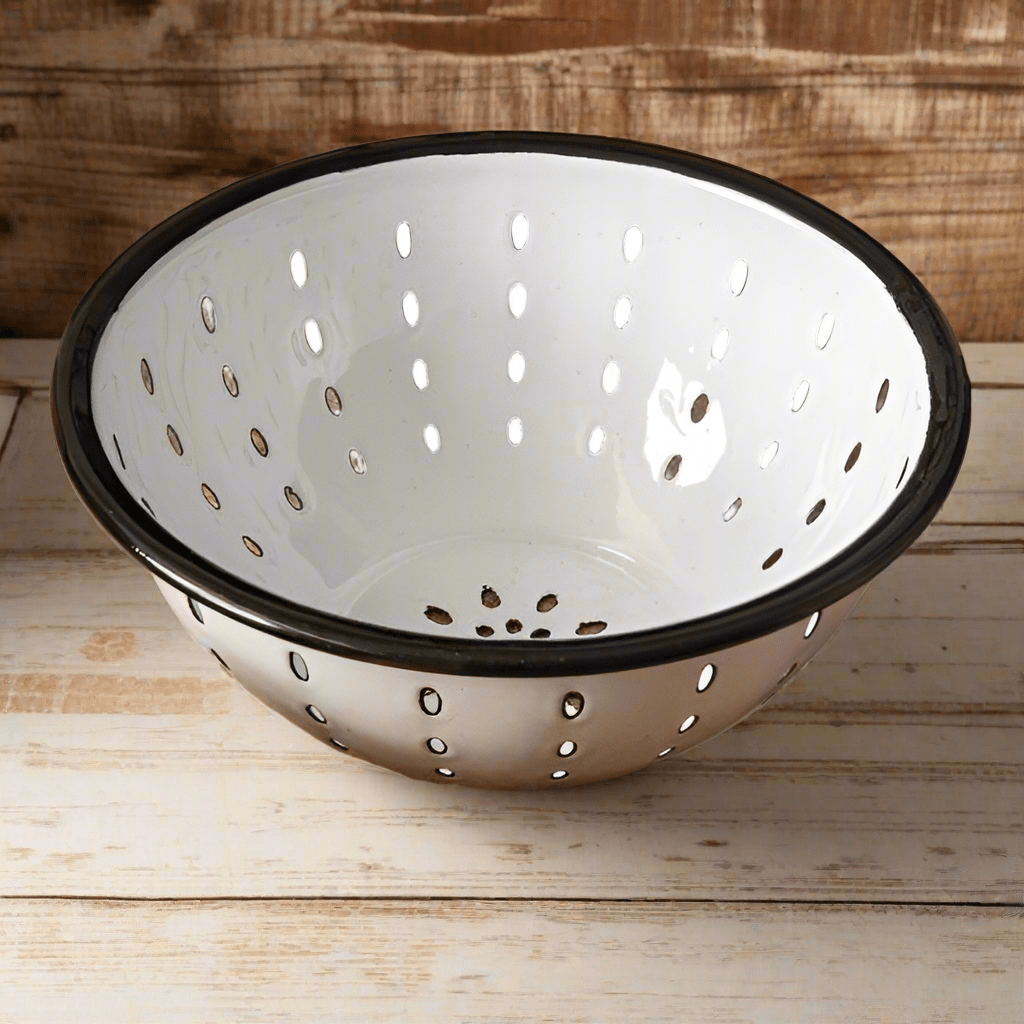 White Enamel Colander with Black Rim